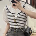 Polo-neck Mock Two-piece Panel Striped Top White - One Size