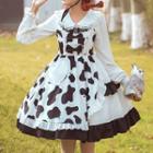Cow Print A-line Overall Dress / Long-sleeve Blouse / Petticoat Skirt / Headband / Set