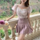Short-sleeve Floral Print Top / A-line Skirt