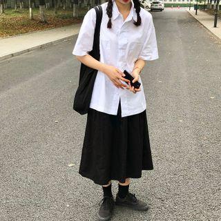 Short-sleeve Plain Shirt / Plain Midi Skirt