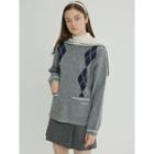 Snug Club Sailor-collar Argyle Knit Top Gray - One Size