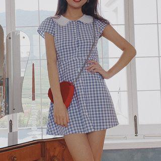 Cap-sleeve Plaid A-line Mini Shirt Dress
