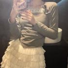 Asymmetrical Long-sleeve Lace Trim T-shirt / A-line Layered Skirt