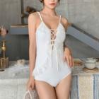 Dotted Ruffled Lace-up Swimsuit