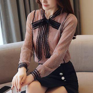 Sequined Long-sleeve Tie-neck Blouse