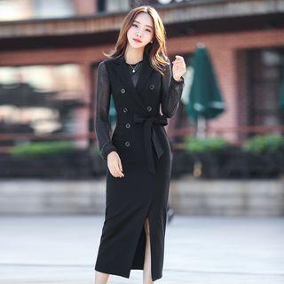 Double-breasted Sleeveless Midi Sheath Dress / Long-sleeve Top / Set