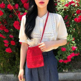 Lace Panel Cutout Short-sleeve Blouse Almond - One Size