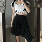 Folds Bow Cropped Shirt / Asymmetrical Drawstring Skirt