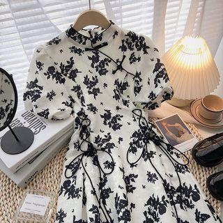 Puff-sleeve Floral Lace-up Dress