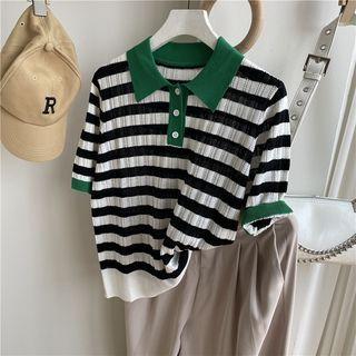 Contrast-trim Striped Knit Polo Shirt Stripe - One Size