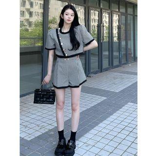 Short-sleeve Houndstooth Button-up Cropped Jacket / Shorts / Set