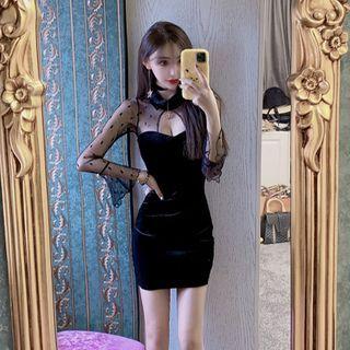 Long-sleeve Paneled Mini A-line Velvet Dress