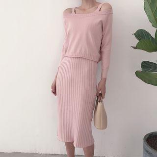 Plain Off Shoulder Long Sleeve Top / Knit Sleeveless Midi Dress