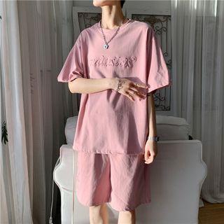 Short-sleeve Letter Embossed T-shirt / Straight Leg Shorts
