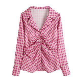 Long-sleeve Gingham Ruched Blouse