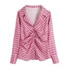 Long-sleeve Gingham Ruched Blouse