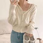 Collared Cable Knit Cardigan Beige - One Size