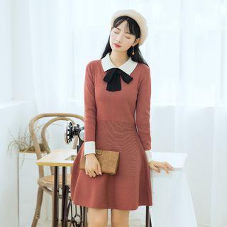 Knit Long-sleeve Collar Sheath Dress