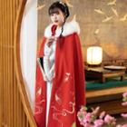 Fluffy Trim Embroidered Cape Red - One Size