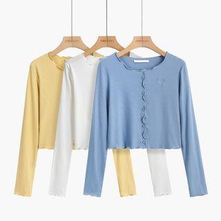 Long-sleeve Buttoned Frill Trim Crop Top
