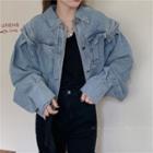 Cropped Puff-sleeve Denim Jacket As Shown In Figure - One Size