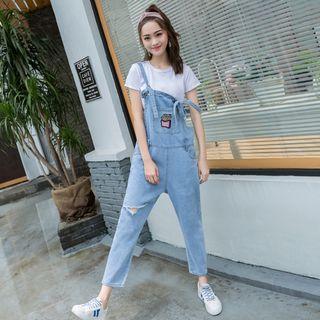 Embroidered Ripped Denim Jumper Pants
