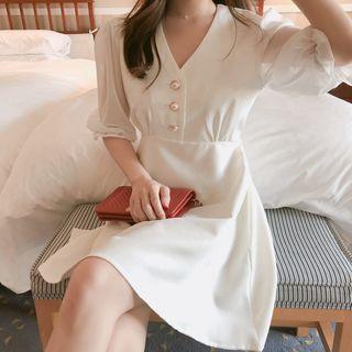 Faux Pearl Elbow-sleeve Mini A-line Dress