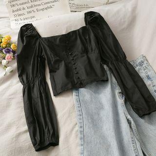 Boatneck Puff-sleeve Smocked Crop Top Black - One Size