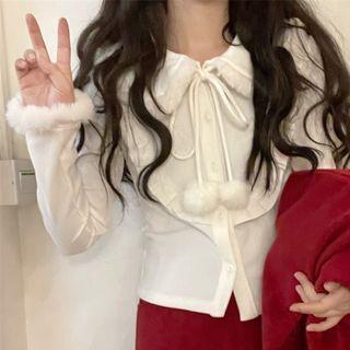 Long-sleeve Collared Fluffy Trim Button-up T-shirt