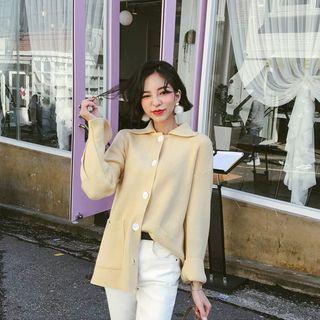 Collared Button-cuff Knit Cardigan