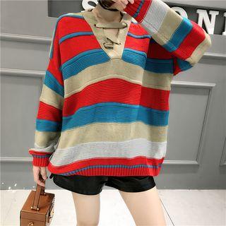 V-neck Lace Detail Striped Sweater