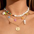 Set Of 3: Layered Beaded Faux Pearl Charm Necklace Gold - One Size