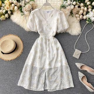 Puff-sleeve Embroidered Flower Dress