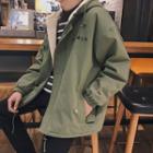 Japanese Character Print Fleece-lined Hooded Zip Jacket