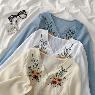 Long-sleeve Buttoned Floral Embroidered Top
