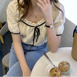 Puff-sleeve Tie-front Floral Print Top White - One Size