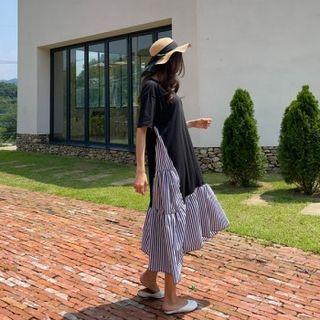Stripe-panel Tiered Long Dress