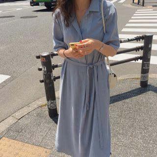 Elbow-sleeve Midi Shirtdress With Sash Blue - One Size