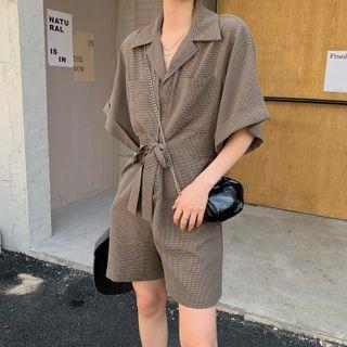 Elbow-sleeve Plaid Playsuit Grayish Brown - One Size