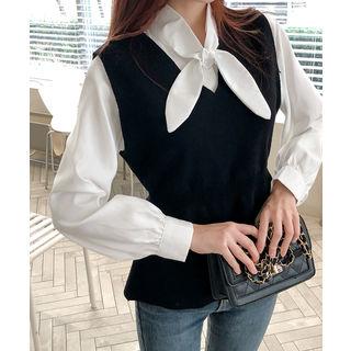 Set: Sleeveless Peplum Knit Top + Tie-neck Blouse Black - One Size