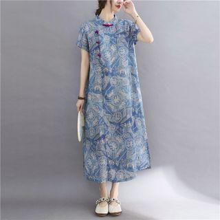 Short-sleeve Frog Button Print Midi Tunic Dress