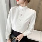 Long-sleeve Mock-neck Lace Trim Chiffon Blouse