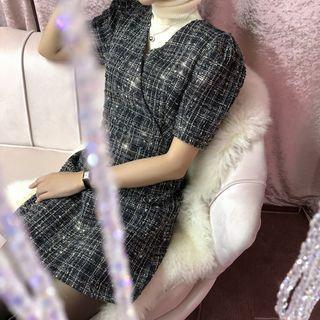 Puff-sleeve Tweed Mini Wrap Dress