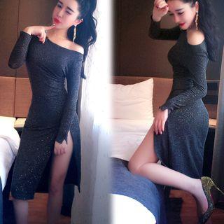 Side-slit One-shoulder Long-sleeve Midi Sheath Dress