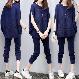Set; Short-sleeve Shirred Blouse + Sweatpants