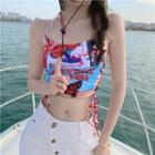 Chain Strap Printed Top Print - Blue & White & Red - One Size