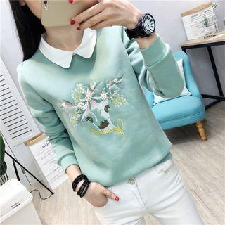 Mock Two-piece Deer Embroidery Sweatshirt