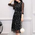 Star Print 3/4 Sleeve Chiffon Dress