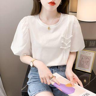 Puff-sleeve Frog Buttoned T-shirt