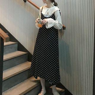 Spaghetti-strap Dotted Dress Black - One Size